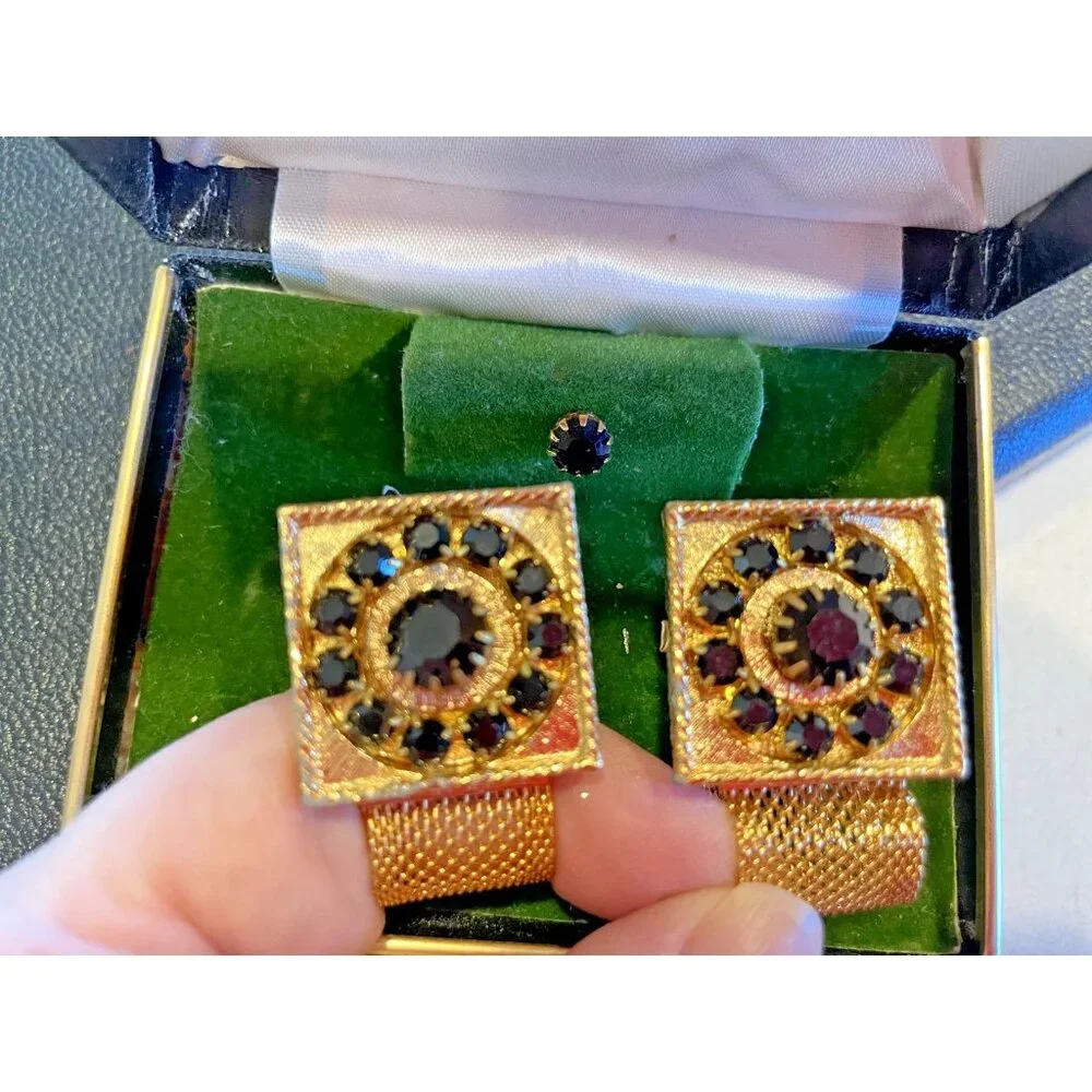 Vintage Men's Gold Black Crystal Cufflinks Tie Pin Box